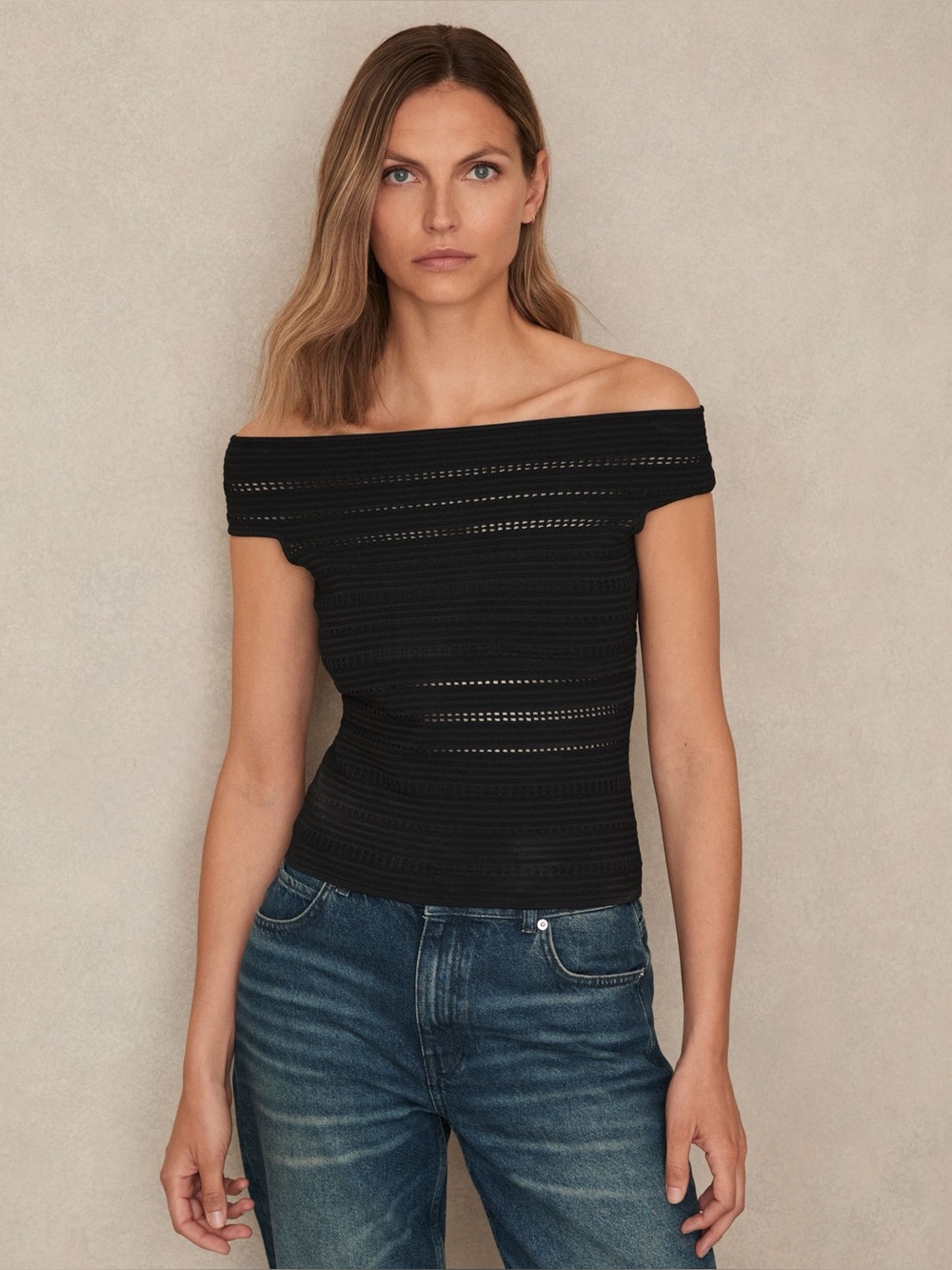 REISS Alessia Bardot Open Knit Top